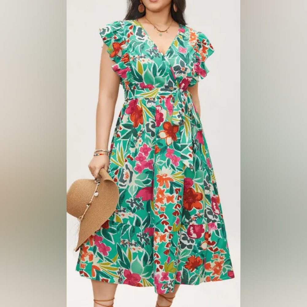 NEW Bloomchic Floral Wrap Ruffle Cap Sleeve - Picture 1 of 6